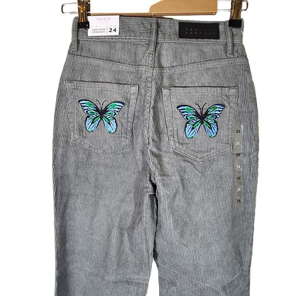 PACSUN Green NEW Corduroy Butterfly Embroidery High-Rise Straight Pants SZ 24 - Picture 1 of 9